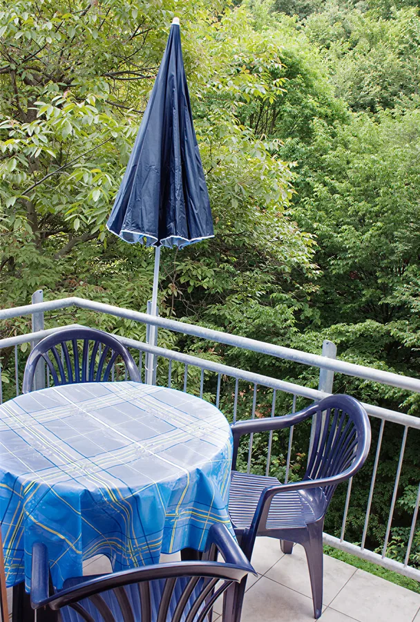 Balkon der Wohnung 1 mit Sitzgruppe und Waldblick